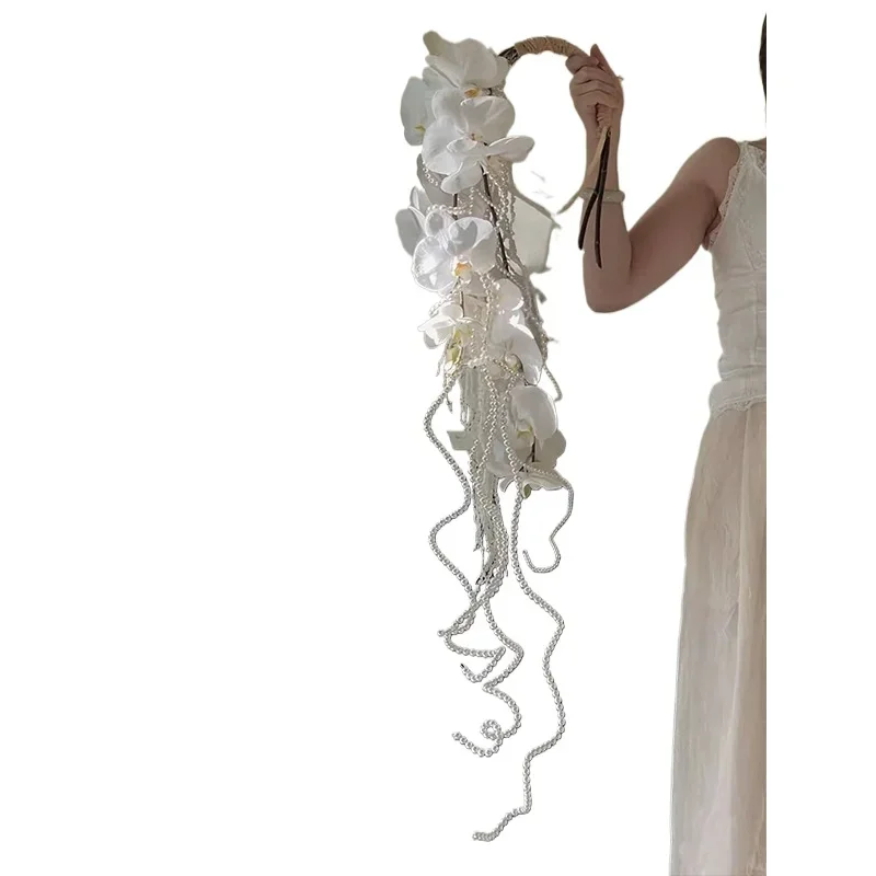 

Phalaenopsis Waterfall Flower Bride Water Drop Bouquet Wedding Photography Pearl Bracelet