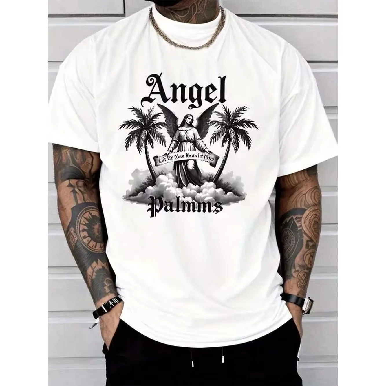 Classic Street Style Angel Palm Tree Clouds Banner Print T-Shirt | Men'S Fashion Casual Adult Men Short Sleeve Graphic Tee, Crew Neck, Slight Stret