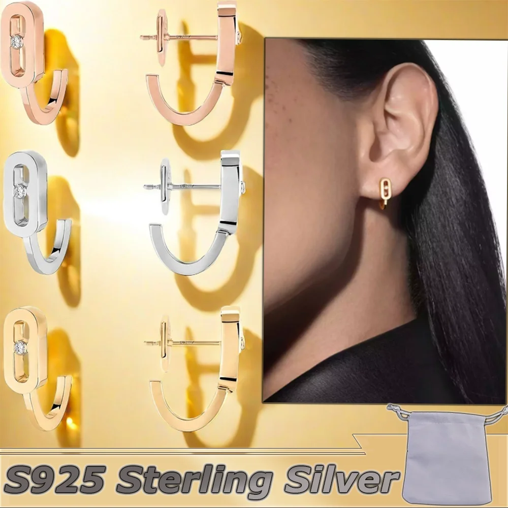 Genuine S925 Sterling Silver Moving Diamond UNO Women's Rose Gold Earrings Sparkling Diamond Sliding Sparkling Luxury Jewelry Pa