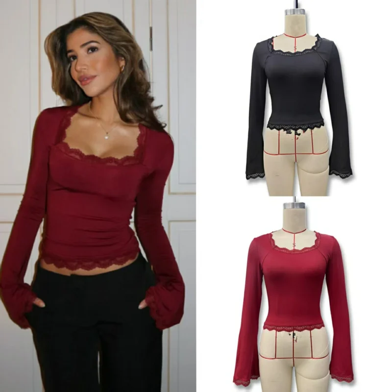 

Сексуальный тонкий кружевной укороченный топ, женская футболка с квадратным воротником и длинным рукавом, женские короткие футболки, топы, уличная одежда