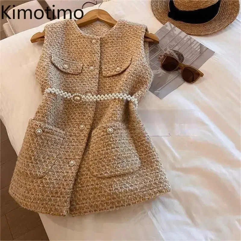 Topenomi Tweed Jacket Vest Women 2024 Autumn Winter Retro Elegant Sleeveless Waist Coats French Single Breasted Slim Waistcoat