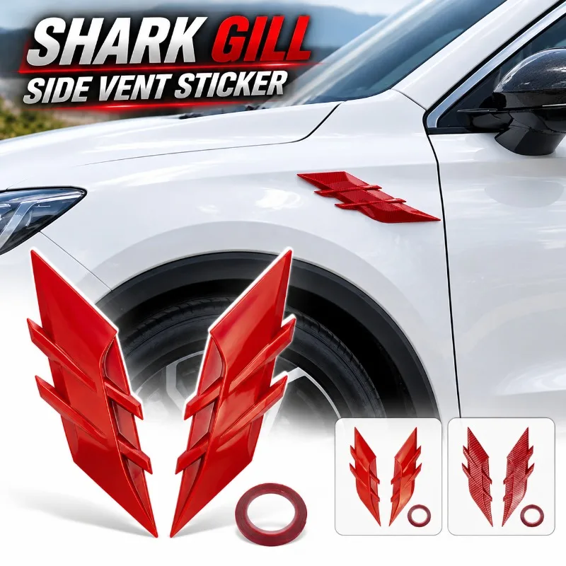 Car Shark Gill Fake Side Vent Air Flow Sticker, TPU Universal Gloss Black Carbon Fiber Style Auto Hood Fender Simulation