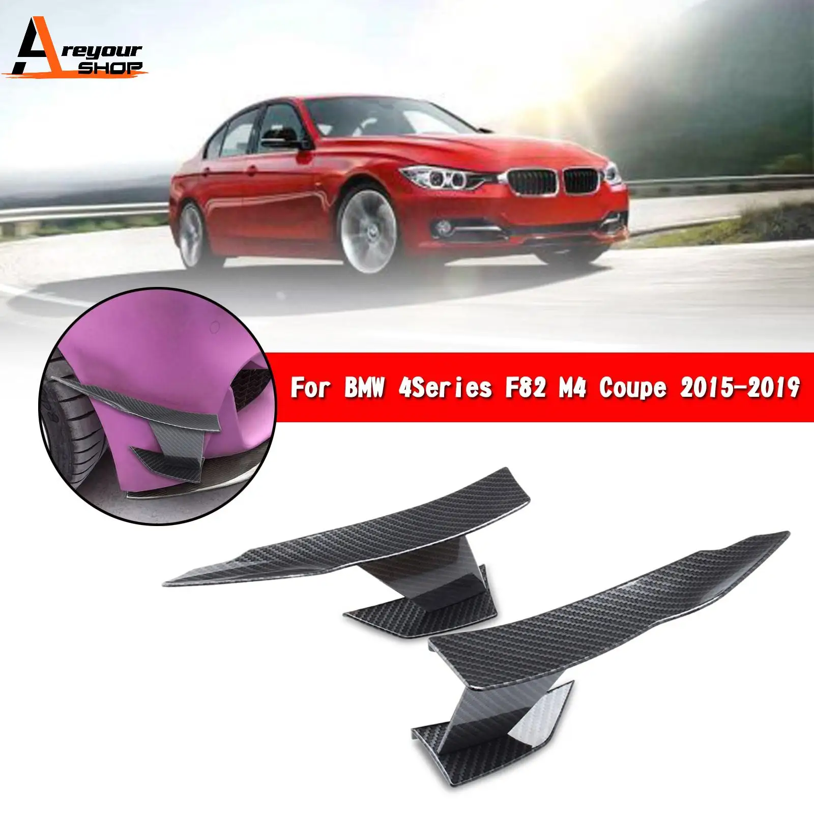 Areyourshop Carbon Fiber Color Front Lip Splitter Fins Body Spoiler Fit For BMW 3-Series F80 M3 2015-2019 53031740AA 812-12132