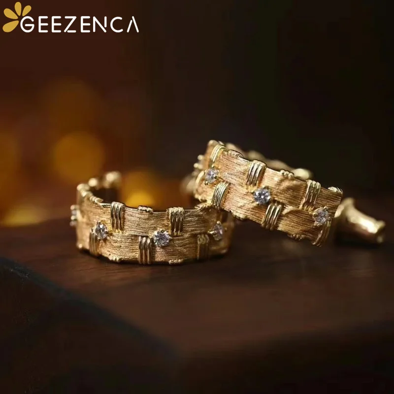 GEEZENCA Minimalistic Luxury 925 Silver 5A Zircon Hoop Earrings For Women Brushed Craft Woven Pattern C Shaped Earring 2024 New