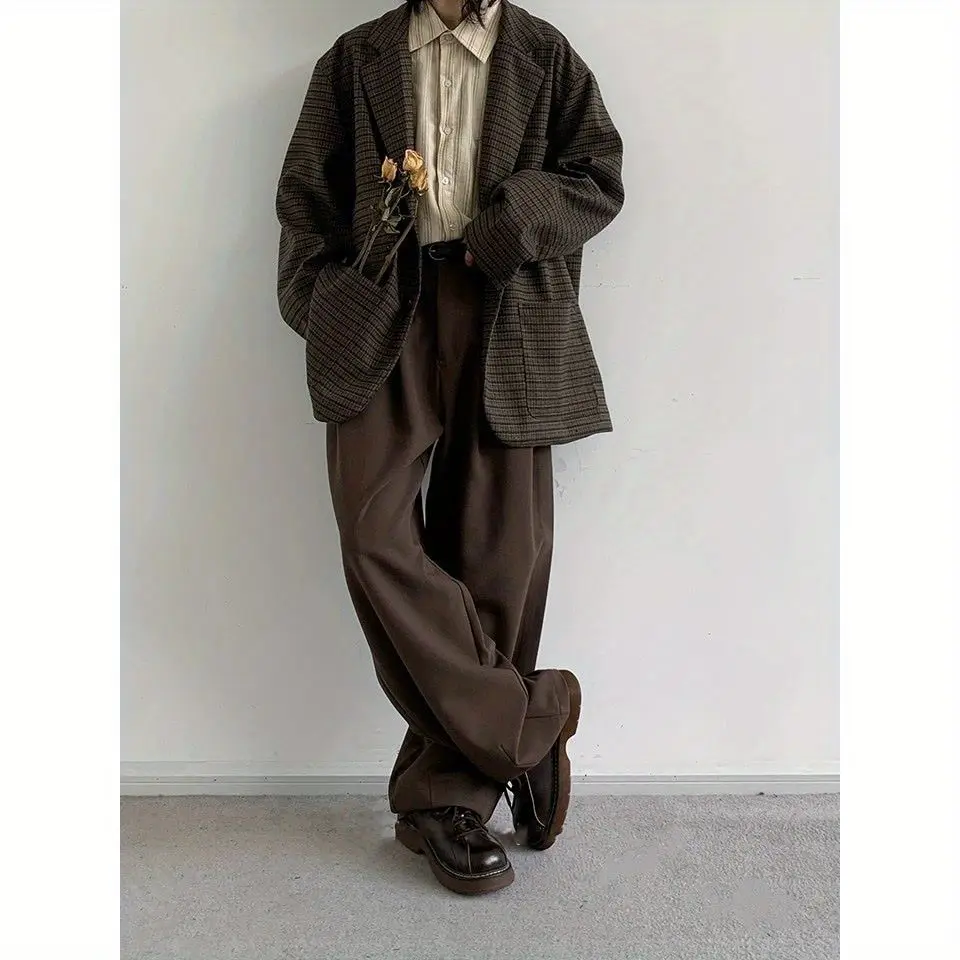 

Japanese retro vertical straight tube coffee colored men's and women's trousers spring/autumn style wide legs loose casual pants