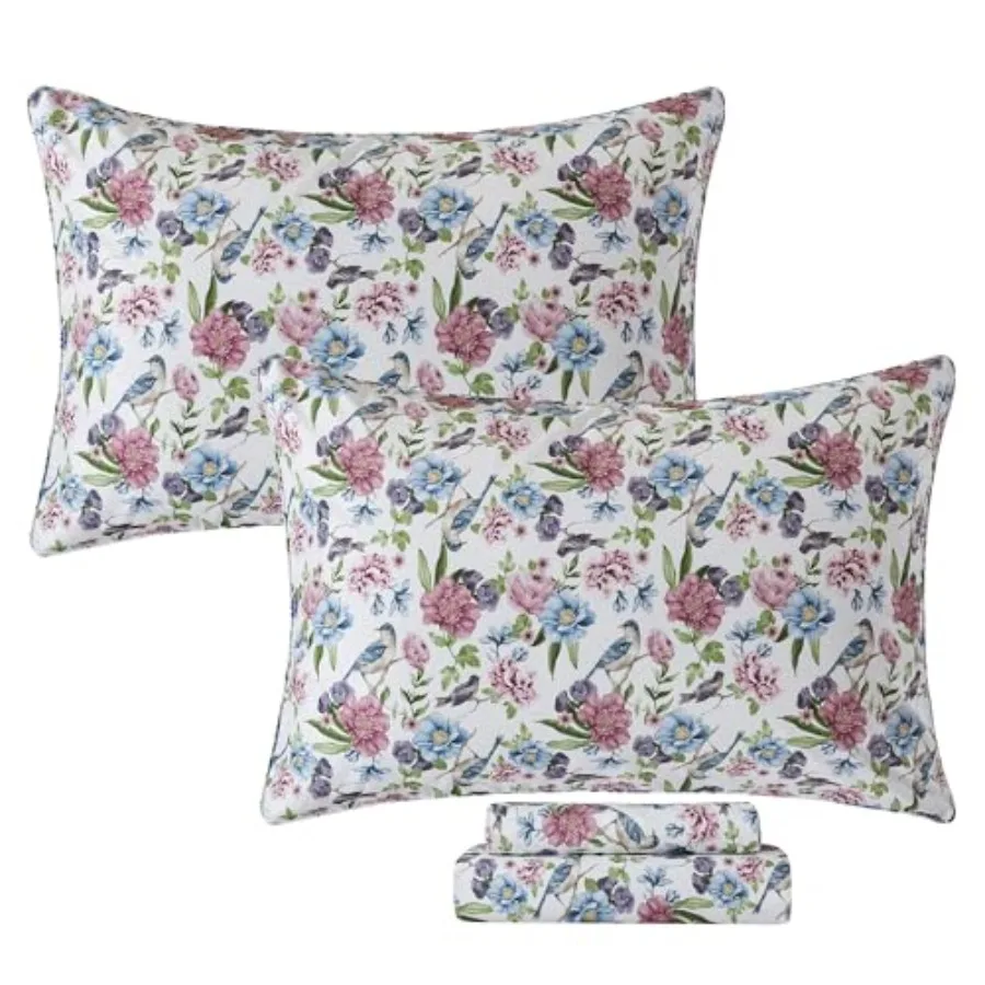 

Bird Sheets Set 100% Percale Cotton Vintage and Bedding 4-Piece French Country Flower Bed Sheets Deep Pocket Breathable and Sof