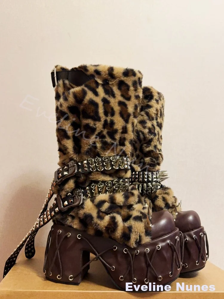 Rivet Belt Leopard Fur Boots Women Platform Chunky Heel Round Toe Sexy Fashion Ankle Boots Winter Warm Cross Tied Dark Punk Boot