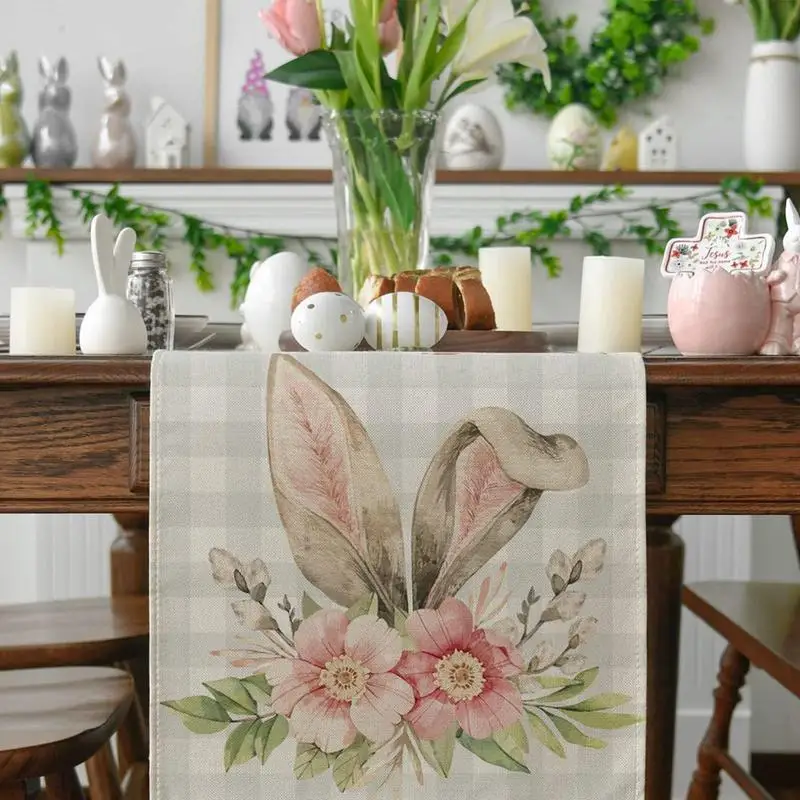 Easter Table Runner 72in Cute Bunny Egg Table Cover Long Linen Dining Table Decoration Dinner Party Supplies Easter Egg Hunt