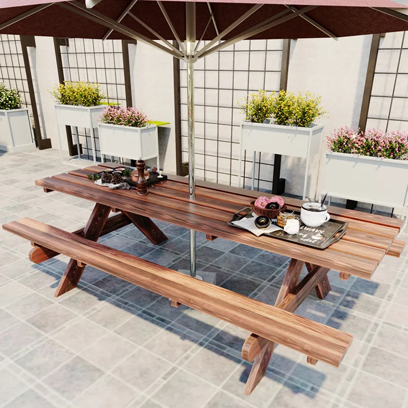 Antiseptic wood outdoor one-piece table and chair combination with umbrella outdoor park  dining table and chairs