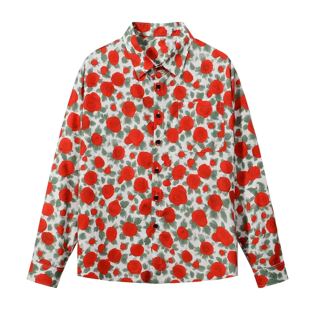 

Гавайские рубашки с цветочным принтом розы и длинными рукавами в стиле гранж, готическая мужская и женская блузка, уличная одежда, топ на пуговицах Aloha, зима-весна