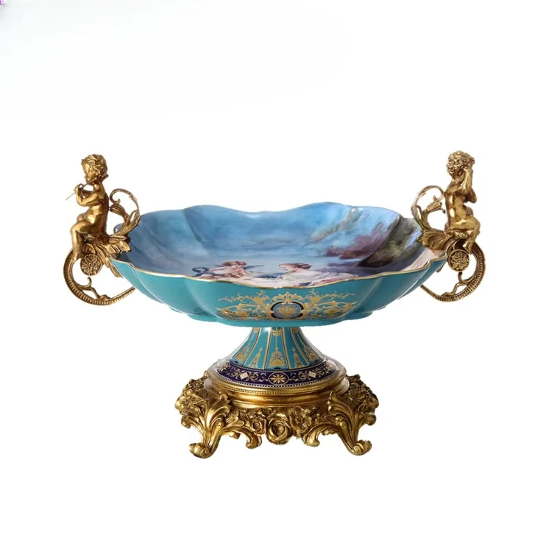 

Antique French style Baroque handmade copper, cherub porcelain fresh fruit platter, blue hand-painted angel fruit plate