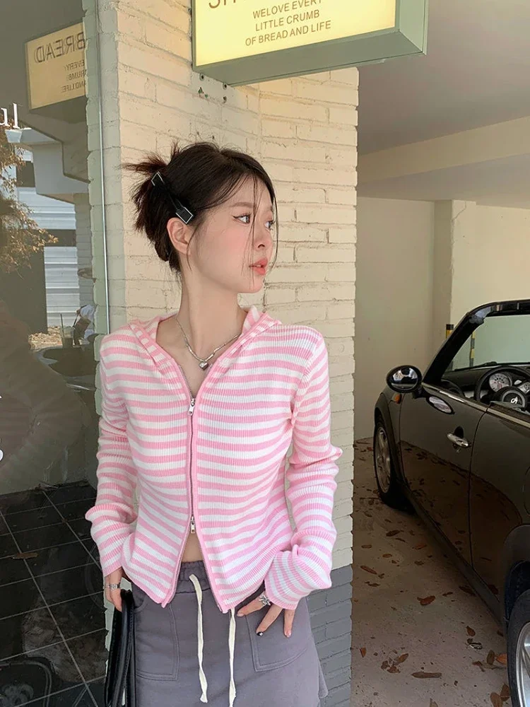 2024 Pink Striped Vintage Y2k Aesthetic Women Cardigan Japanese Knitted Sweater Crop Coat Female Hooded Double Zipper Kardigany