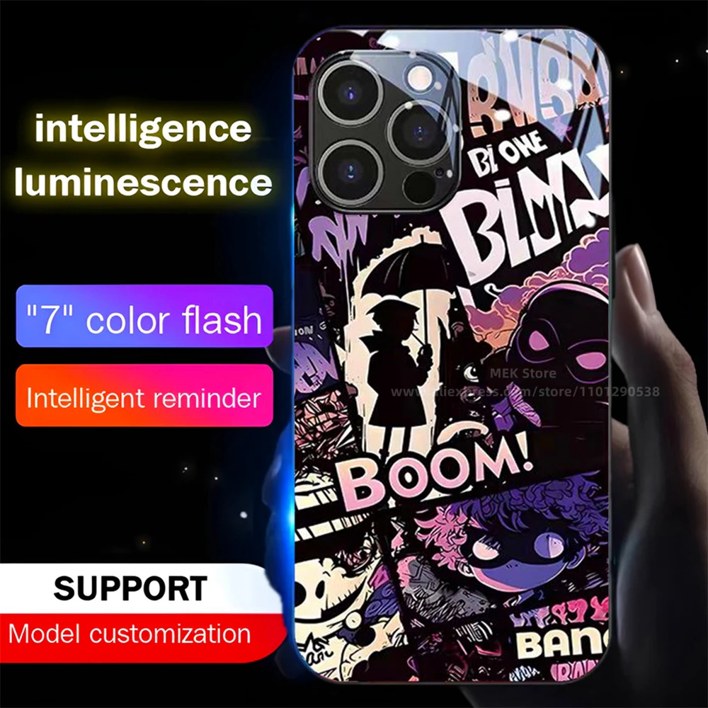 

2025 American Graffiti Smart LED Light Glow Tempered Glass Phone Case For Samsung S25 S24 S23 S22 S21 S20 FE Plus Ultra A16