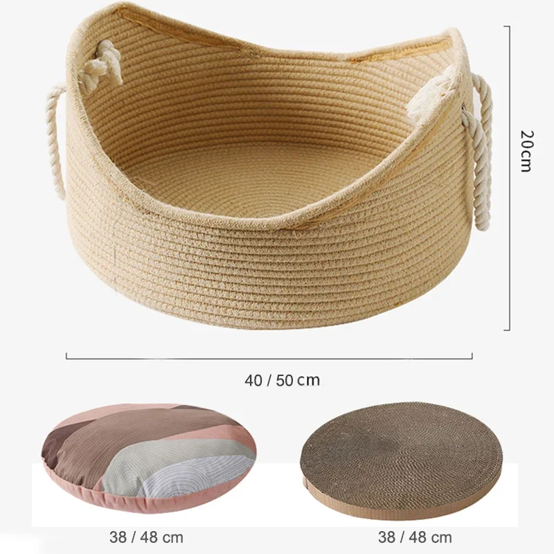 Handcrafted Rattan Cat Bed Puppy Kennel Woven Summer Cool Nest for Cat Kitten Scratching Sleeping Mat Cat Lounger Cushion