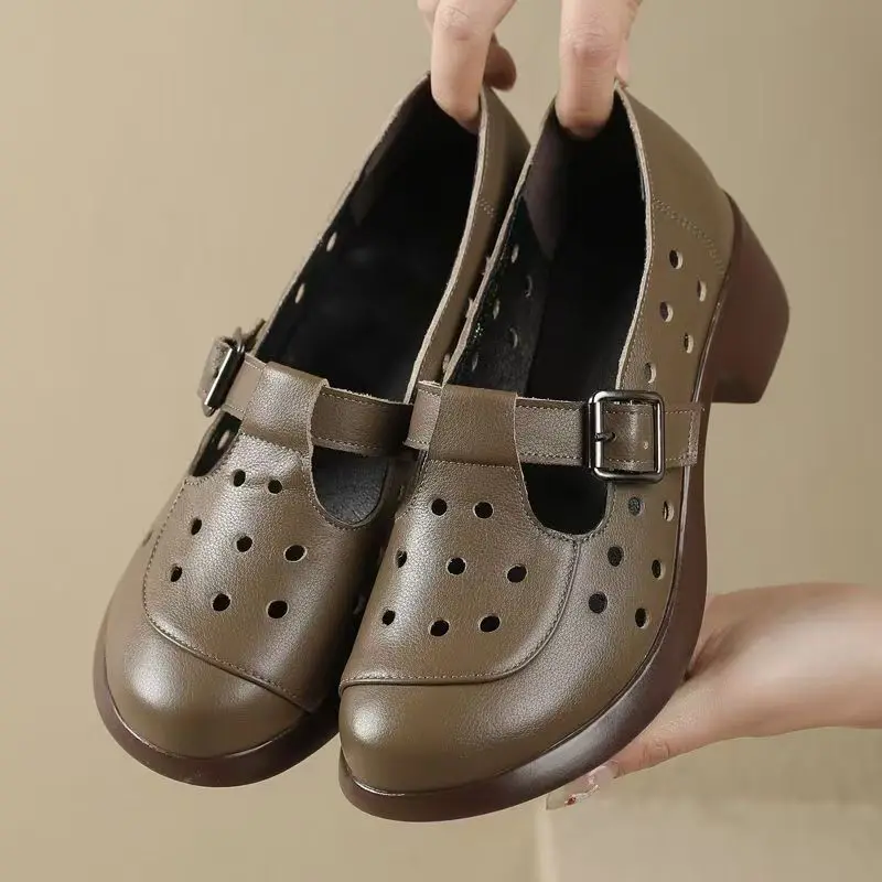 

Women's Genuine Leather Big Size Block Heel Sandals Summer New Round Toe Hollow Out High Quality Slip On Work Shoes Cave Shoes