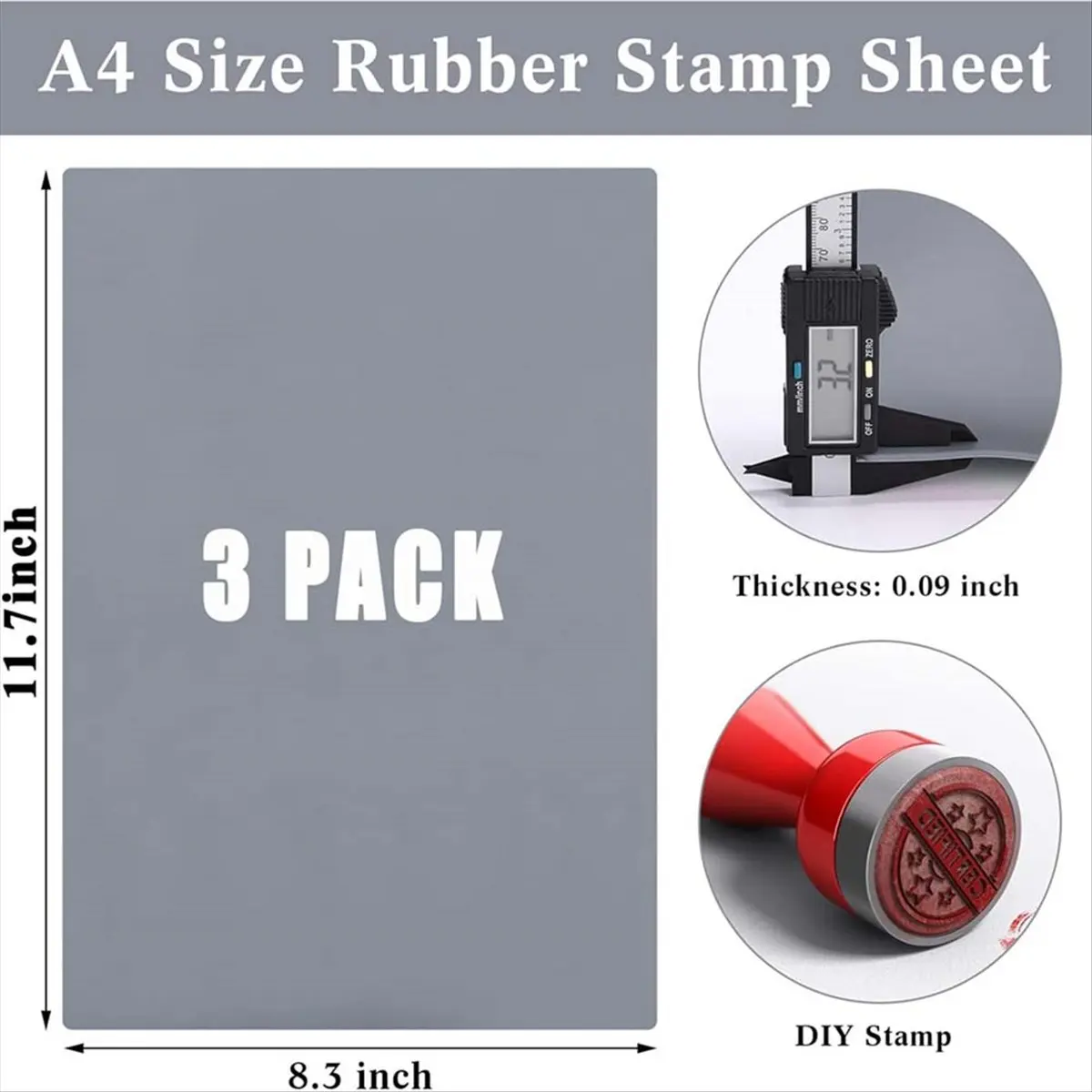 3 Pcs Rubber Stamp Sheets for Laser Engraving Machine, A4 Rubber Stamp Sheets for Laser Cutter ,2.3 mm Grey