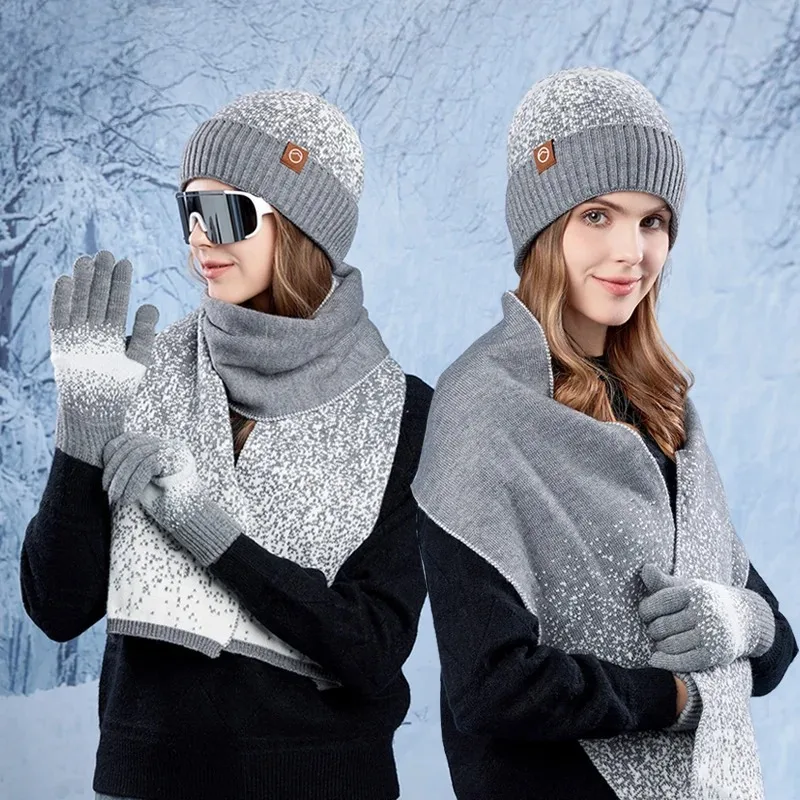 Chapéu de inverno luvas cachecol conjunto para mulheres homens ao ar livre gorros quentes à prova de frio com proteção de ouvido de veludo chapéu de lã de malha para mulher