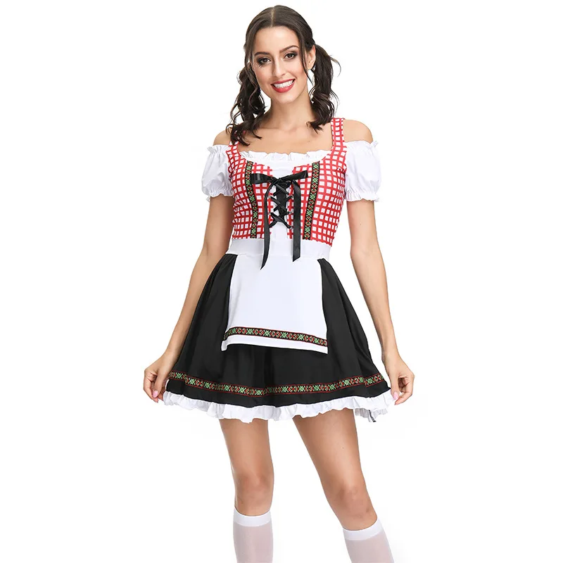 

Oktoberfest Carnival Performance Costume Red Black Plaid Beer Bar Maid Servant Outfit