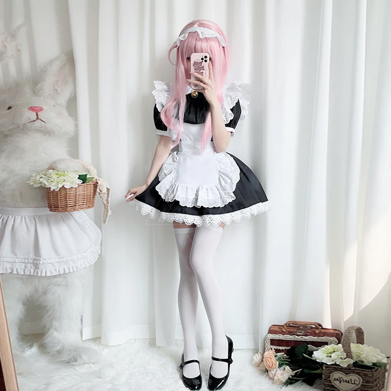 Plus Size Maid Cosplay Cat Girl Black and White Maid Outfit Lolita Princess Dress Anime Housemaid Coffee Waiter Clothing 4-piece