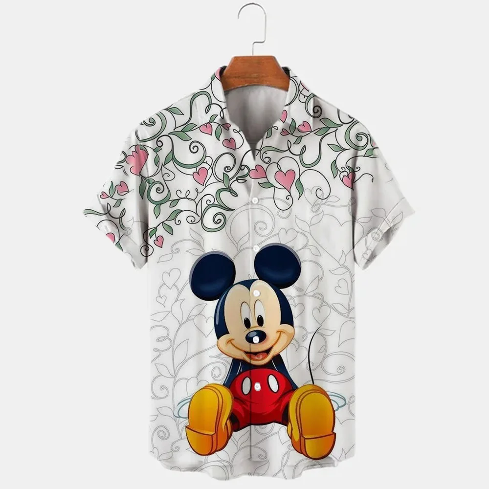 Disney Mickey Minnie Cartoon Characters 3D Printing Summer Men\'s Short Sleeve Shirt Hawaiian Beach Party Vacation Men\'s Shirt