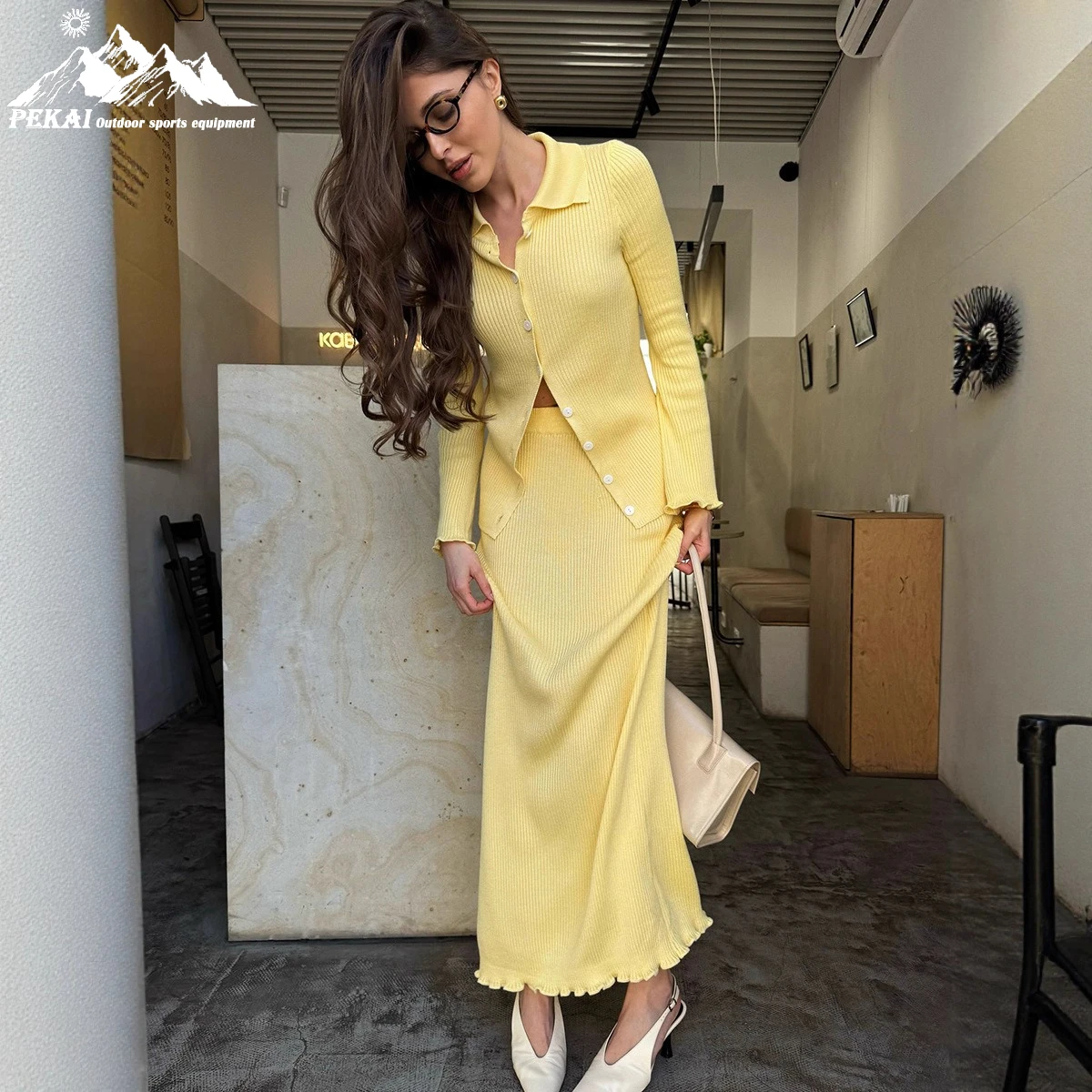 

POLO Collar Long Sleeved Cardigan Skirt Set for Europe America 2025 Autumn Winter Black Fungu Edge Knitted Sweater Set for Women