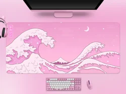 Kawaii Desk Mat Pink Wave Cute Pastel Anime Aesthetics Moon and Ocean Mouse Pad XXL Japanese Gaming Mousepad Gamer 900x400