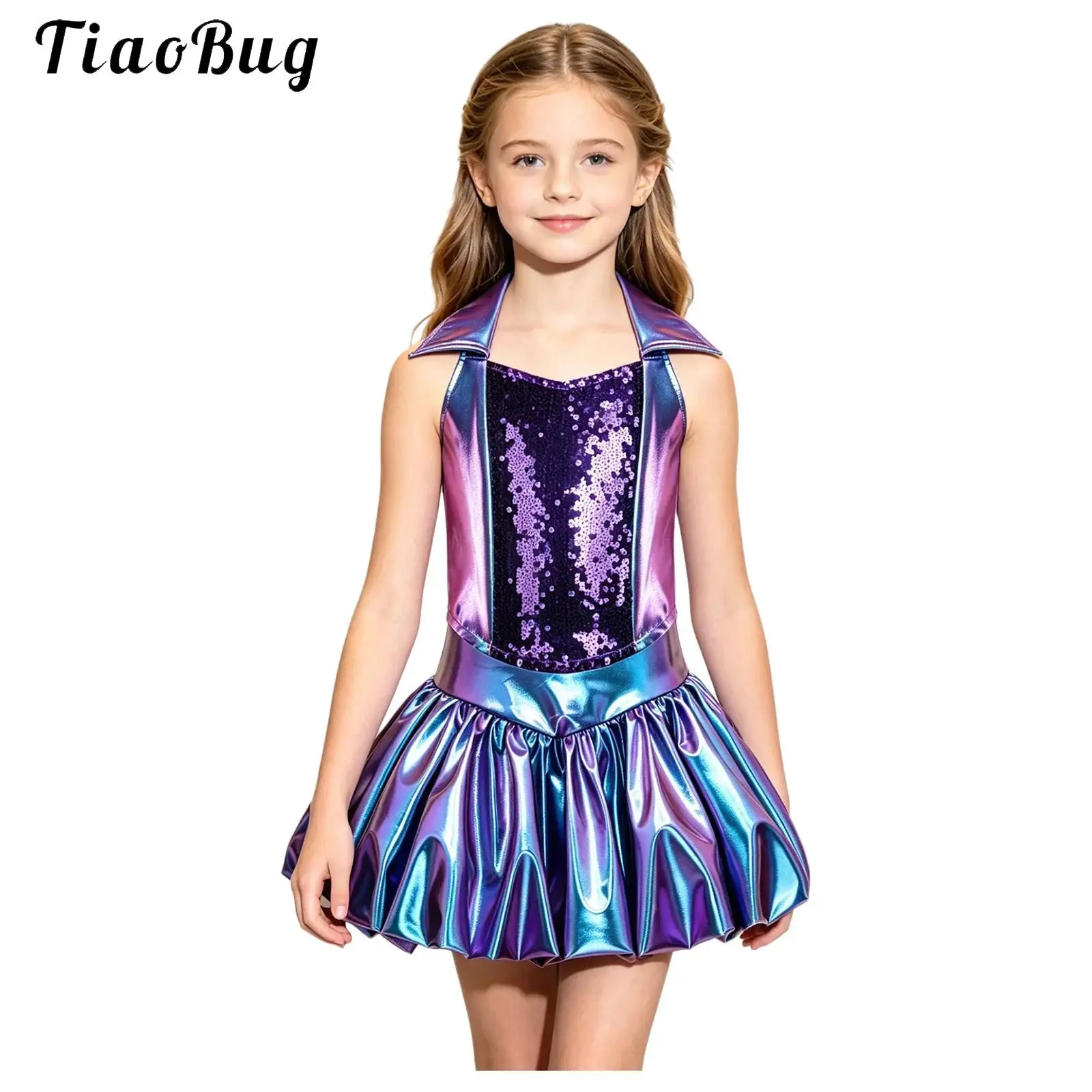 Kids Girls Disco Jazz Dance Costume Outfits Glitter Sequins Metallic Shiny Halter Crop Tank Top +Skirt School Cheerleading Suit