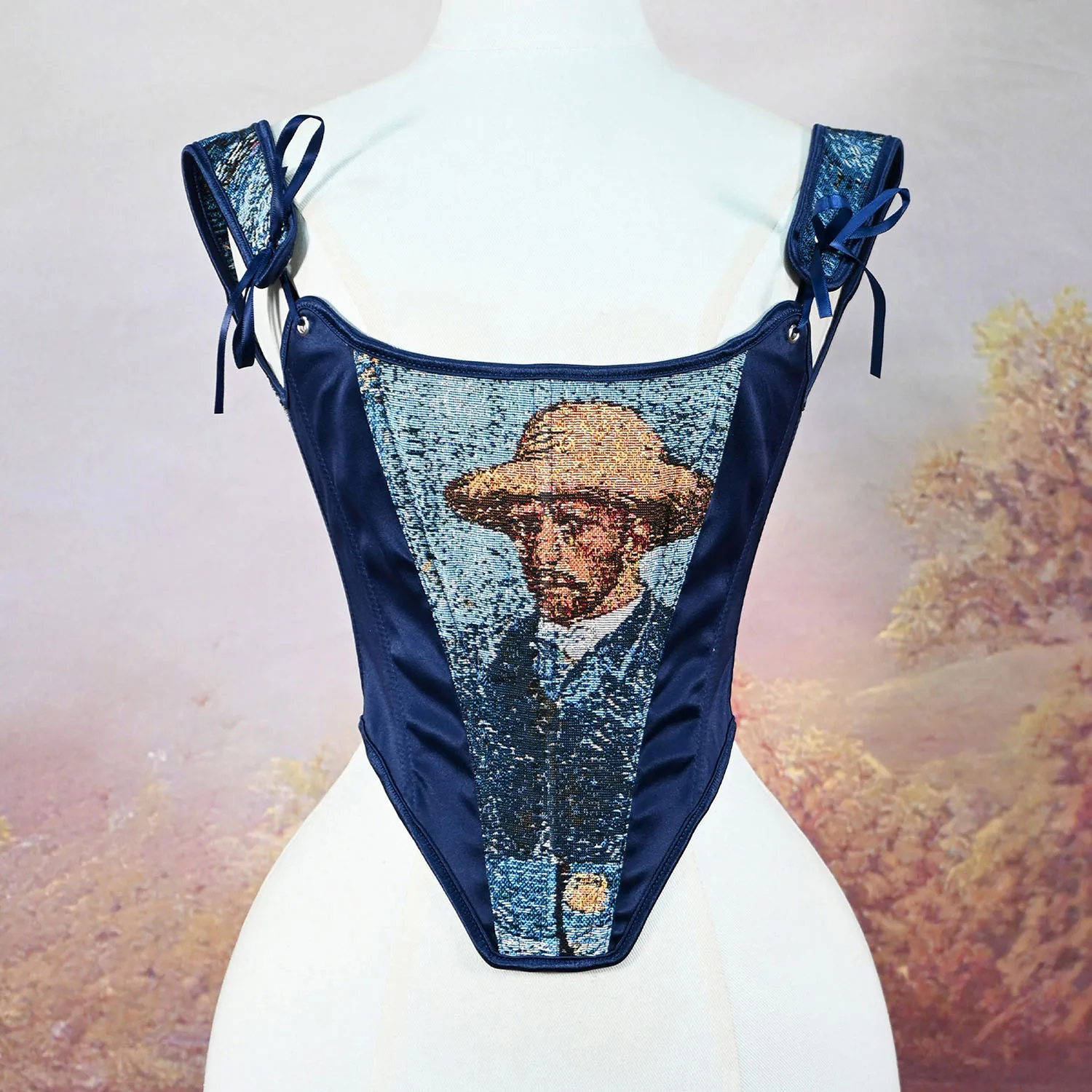 Van Gogh Self-Portrait Printed Corset Navy Blue Lace-Up Waist-Cinching Artistic Dark-Style Vest Niche Design