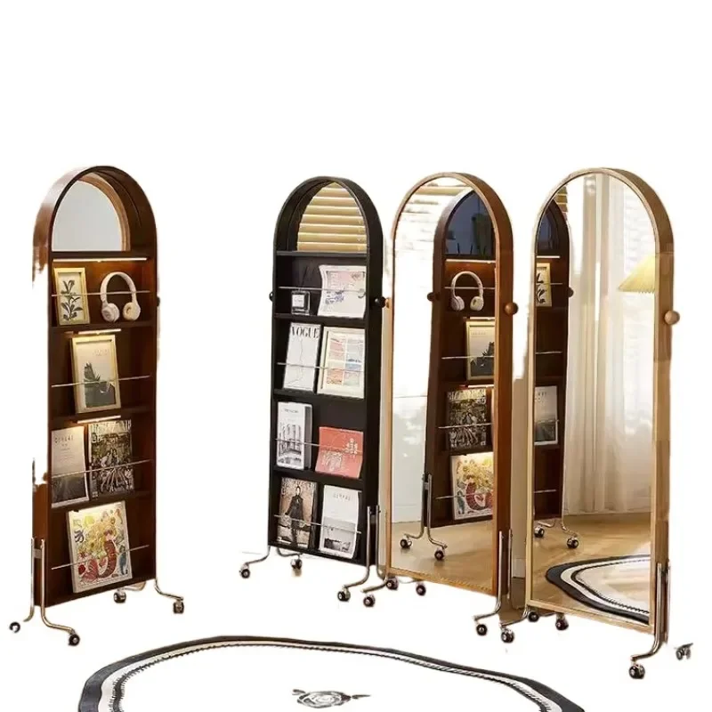 Cherry wood movable full-length mirror, solid wood floor-to-ceiling, household, full-body mirror, modern simplicity