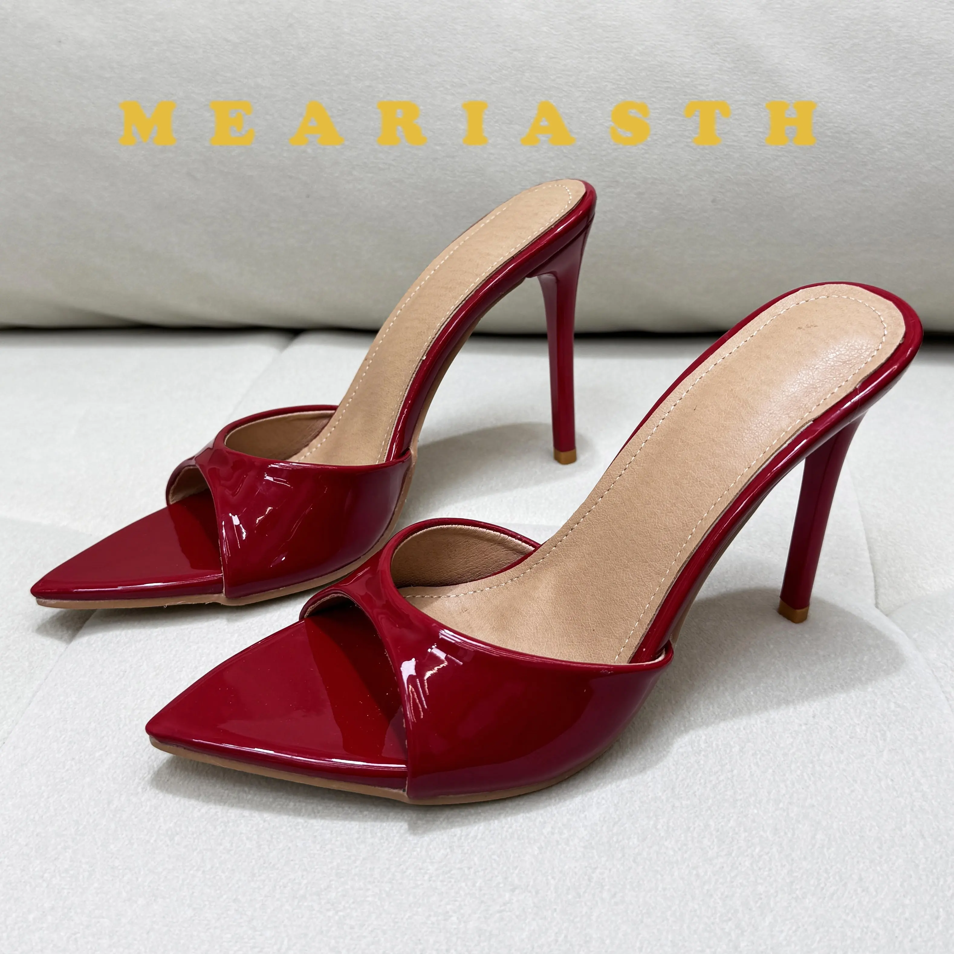 

Summer New Patent Leather Open Toe Set Foot Non-slip on Wear Wearing Slippers Women Sexy Pointed toe One-line High Heels mules