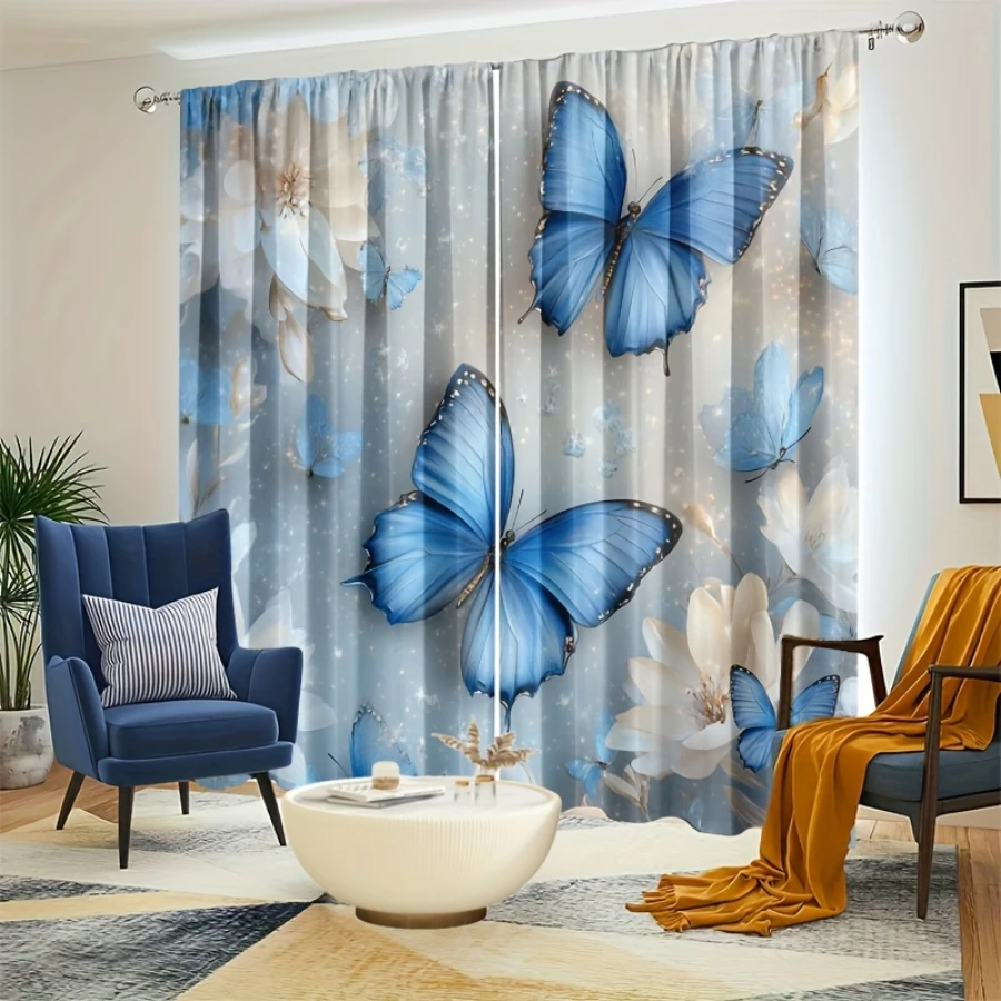 2PCS Digital Print Curtains, White Flowers Blue Butterfly, Fresh Garden Floral Decor Delicate Nature Insect Spring Drapes