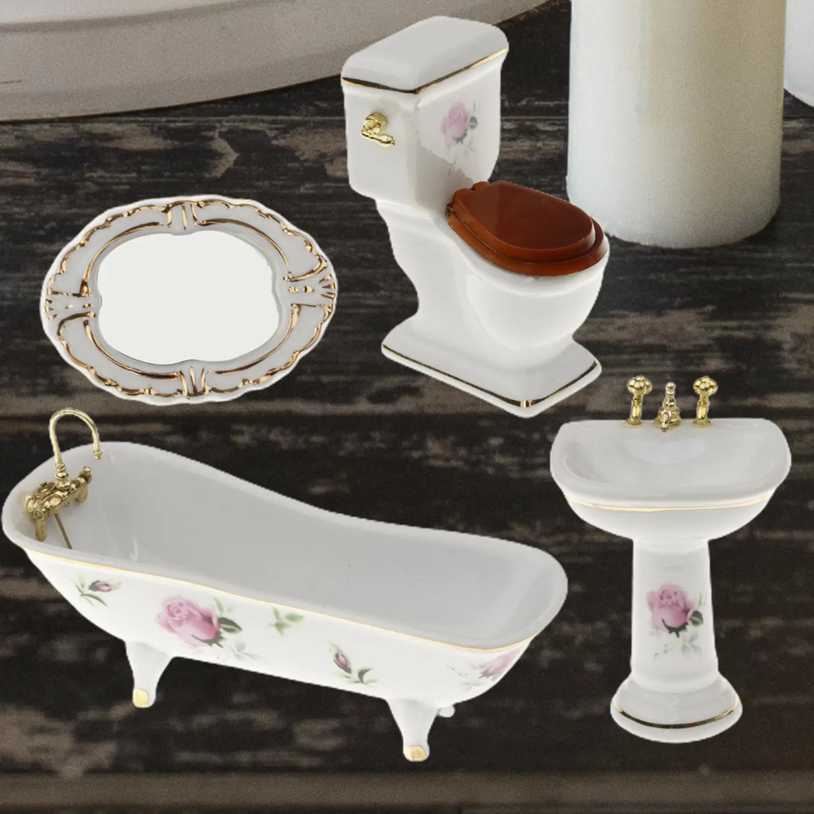 4Pcs 1:12 Antique White Ceramic Dollhouse Porcelain Bathtub Bathroom and Toilet Sink Mirror Accessory Furniture Decorative Toys