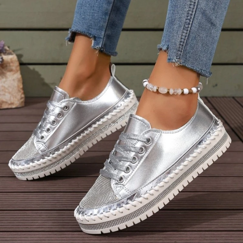 Women Soft Bottom 2026 Fashion Casual Flat Anti Slip PU Leather Shoes Woman Thick Sole Lace Up Casual Shoes Plus Size 44