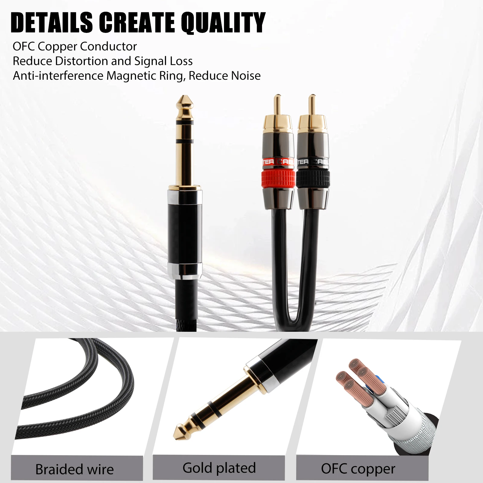 X401 High-end OFC Gold-plated Aux 6.5mm Jack to 2RCA Male Connectors Cable with Anti-Interference Magnetic Ring for Amplifier