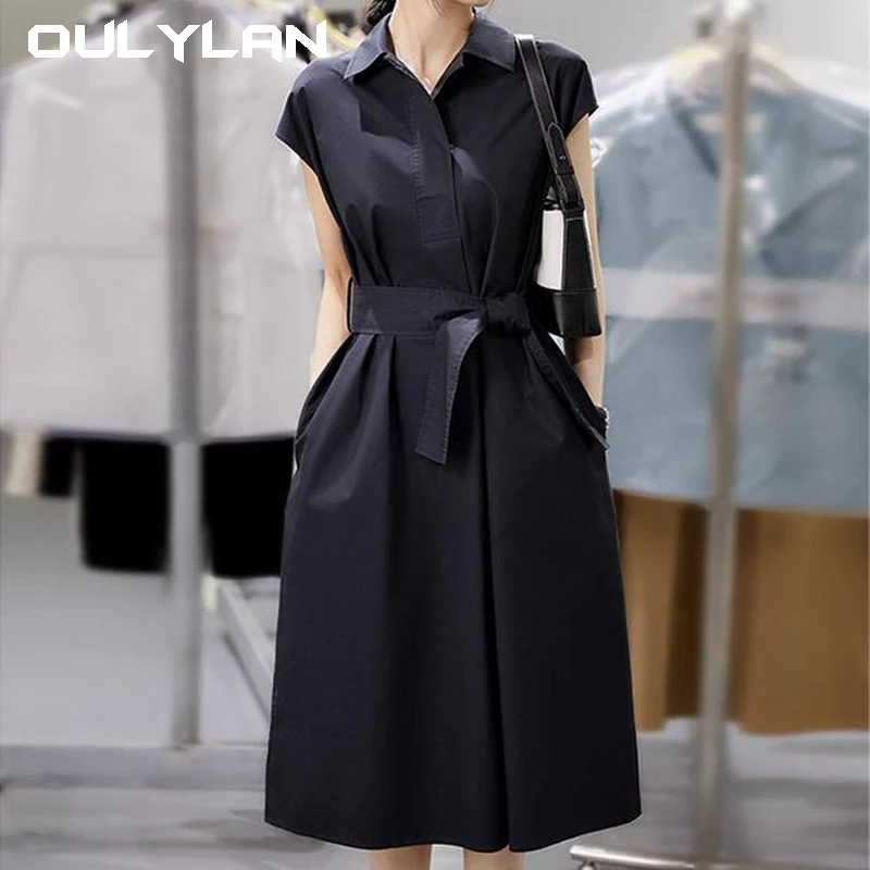 Office Ladies Temperament Solid Dresses 2024 Summer Turn Down Collar High Waist Sashes Dresses Women Vestidos