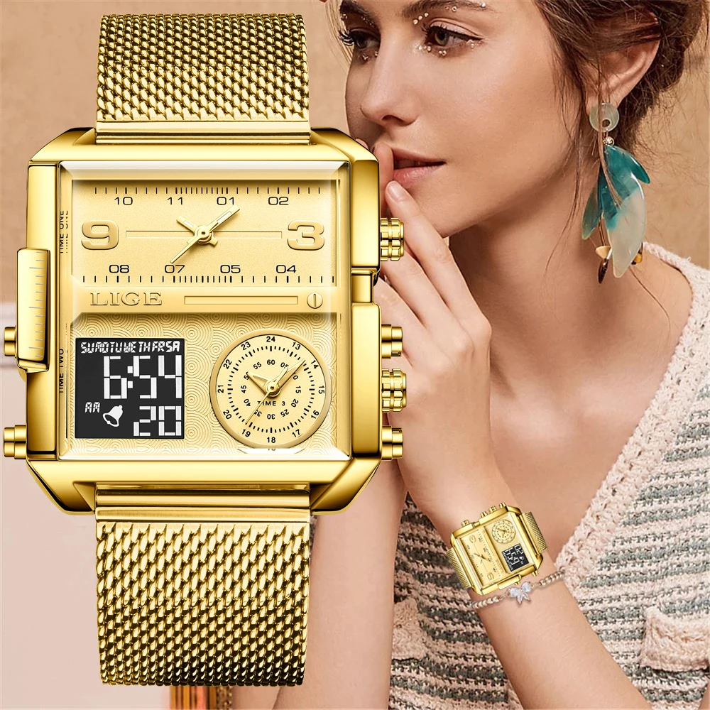 LIGE Fashion Gold Watch Women Casual Sport Digital Quartz Women Watch Top Brand Luxury Waterproof Dual Display Watches For Women