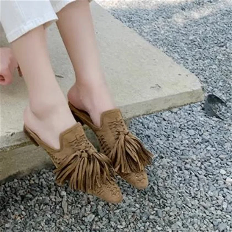 Tassel Shoes for Ladies Pointed Toes Low Heels Velvet Female Mules Sewing Lines Chassure Femme Solid Womens Weaven Zapatos Mujer