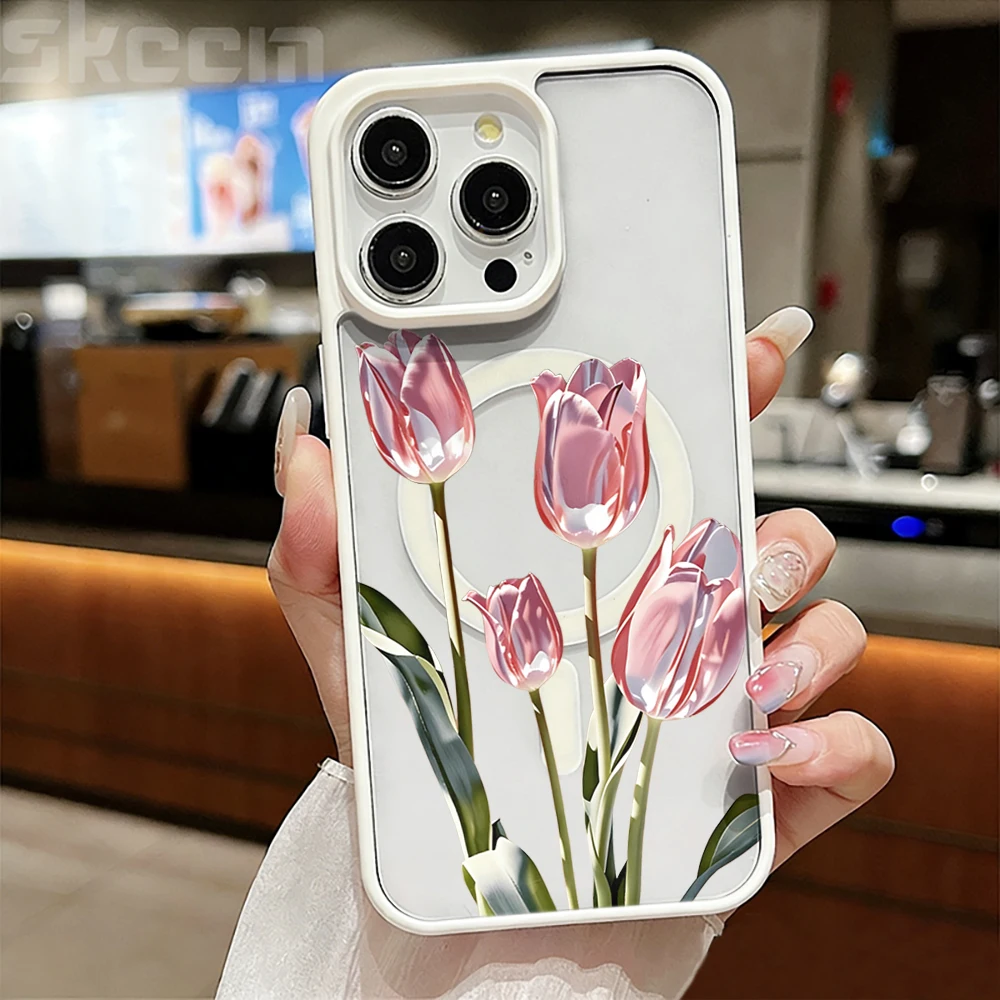 Tulpenblumen-Klarsichthülle für Magsafe iPhone 15 16 Pro Max 17 16 15 14 11 13 12 Pro Max Plus Hüllen Magnetisches Kabelloses Laden Coque – Detail 3