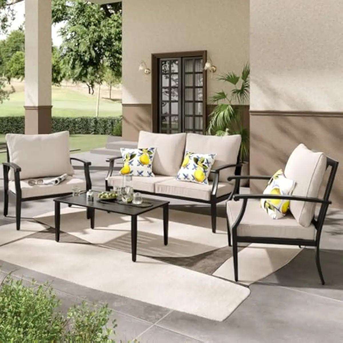 4-Piece Modern Outdoor Seating Set Featuring Powder-Coated Iron Frame • Elevated Backrest Design • 4-Inch Waterproof Cushions •
