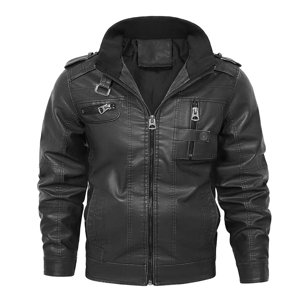 

Man Coat Autumn Motorcycle Punk Stand Collar Male Washed Leather Jacket Long Sleeve Pocket Zipper Windproof Men Outerwear