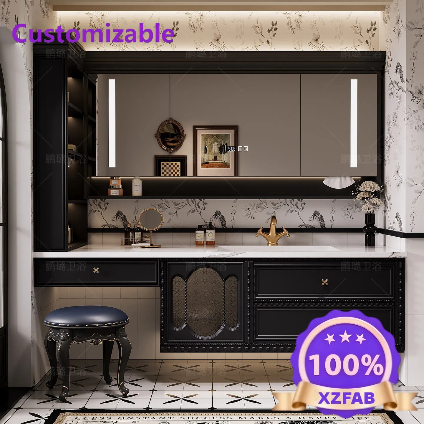 Factory Direct 2026 French retro vanity bathroom cabinet combination rock slab hot bending integrated basin bathroom wash basin