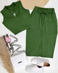 Saia feminina sem mangas com gola redonda e design de bolso casual, conjunto monocromático de duas peças, moda verão, 2023