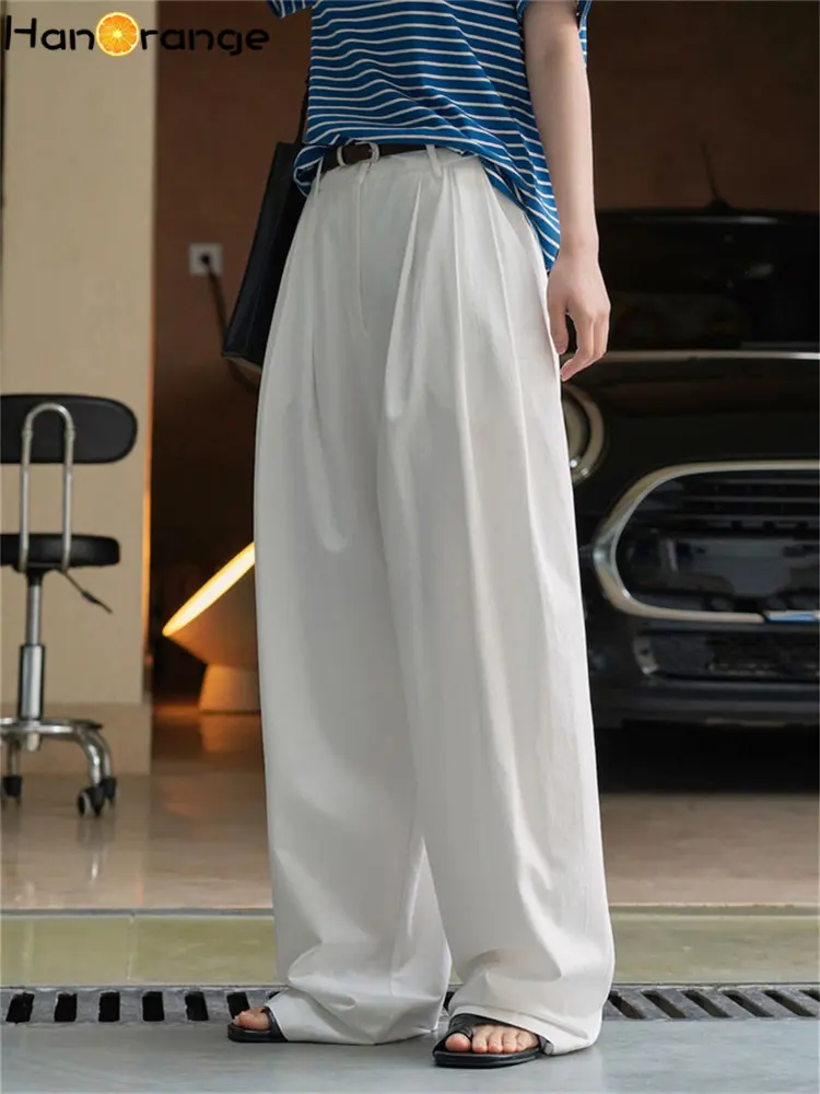 

HanOrange 2023 Summer Lazy Fashion High Waist Wide Leg Pants Women Loose Sunscreen Thin Trousers Female White/Light Khaki