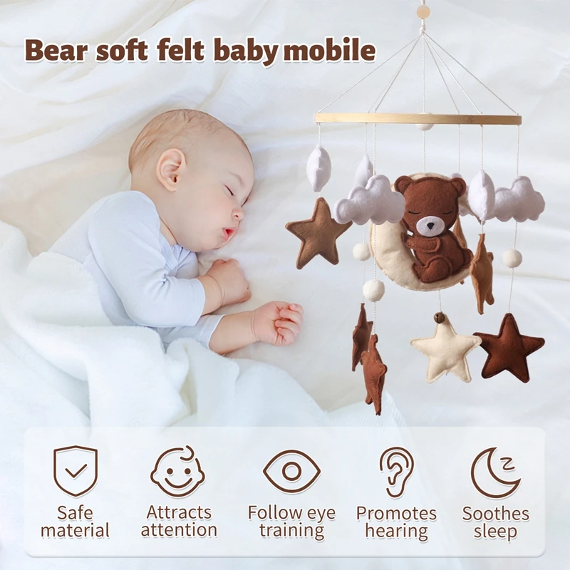 Babybedje Mobiel Bed Bel Speelgoed Houten Baby Rammelaar Zacht Vilt Cartoon Beer Speelgoed Hanger Wieg Mobiel Bed Bel Houten Speelgoed Beugel Geschenken