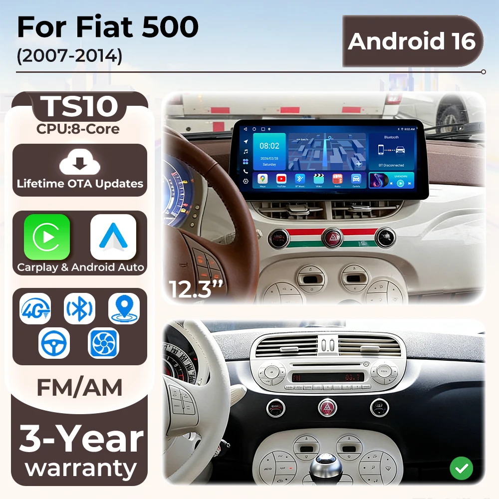 Image of Android Auto Autoradio für Fiat 500 2007 2008 2009 2010 -2014 Carplay Videoplayer Stereo Navigation 5G Wifi 12,3'' Touchscreen