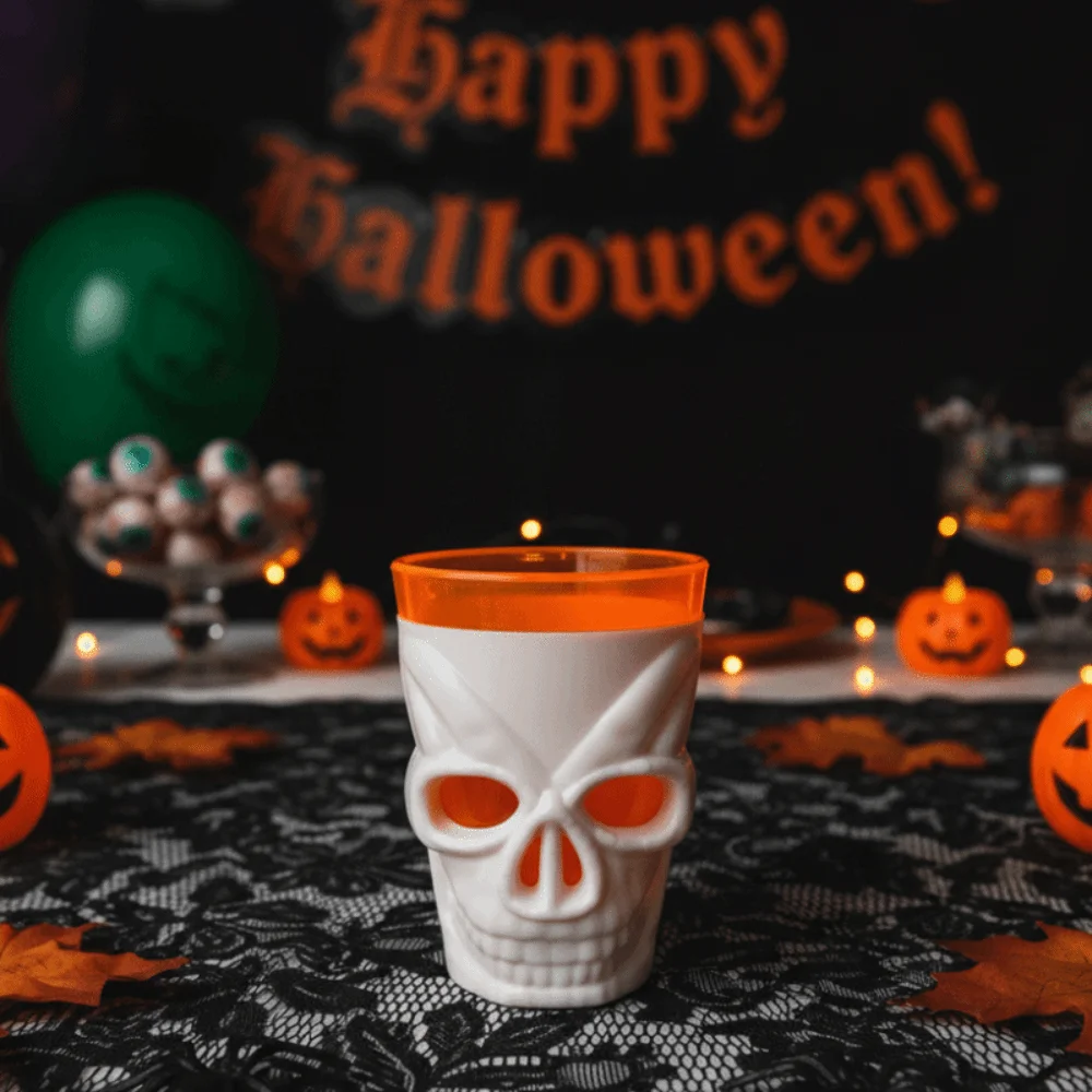 Flashing Halloween Glowing Skull Cup Double Layer Design Mini Skull Head Glowing Wine Cup Plastic LED Light Drinking Mug Pub