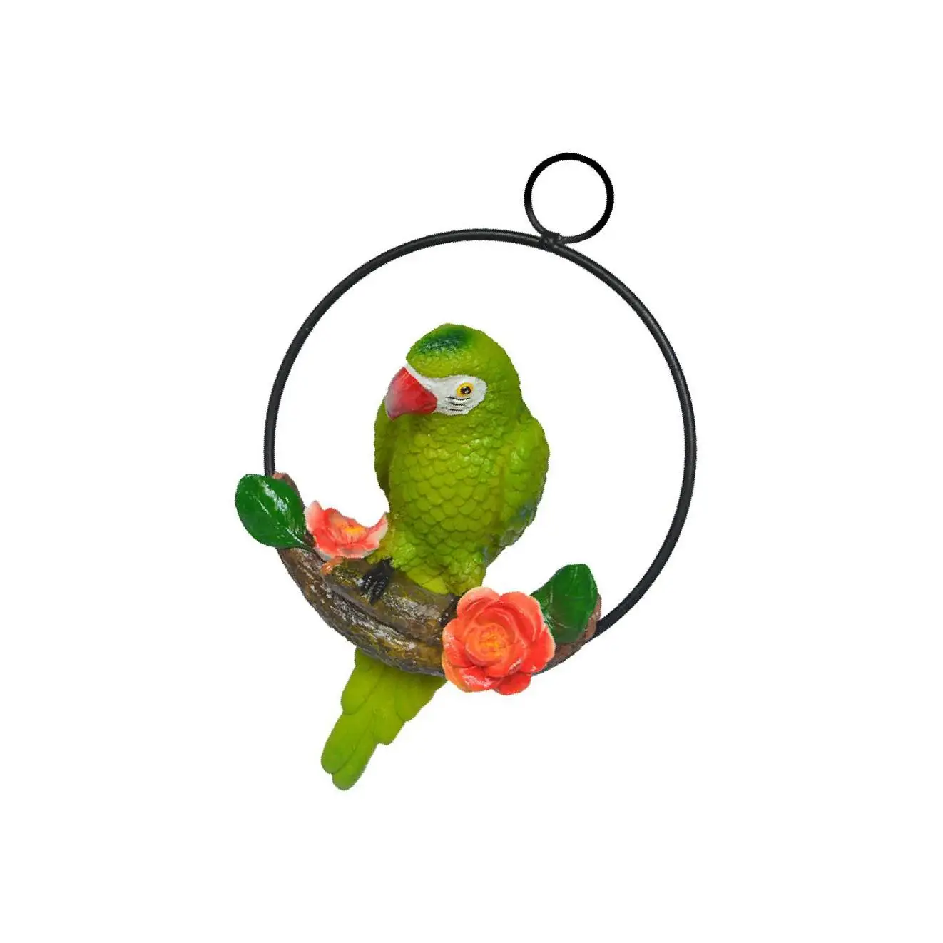 Hanging Resin Artificial Parrot Statue Perch on Metal Ring Garden Decor