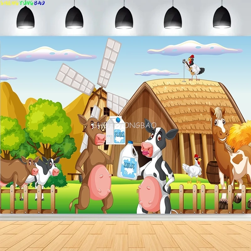 Farm Scene Old Farmer Man And Cute Animals Photography Backdrops Red Barn Windmill Dairy Cow Birthday Party Background NC-01