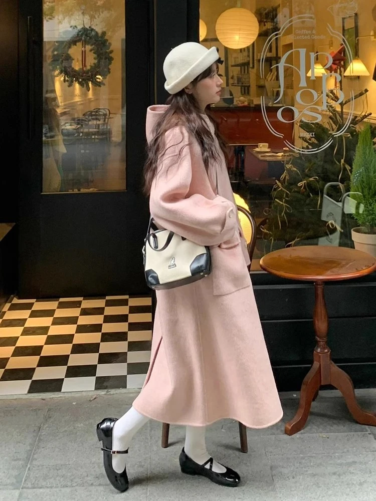 Pink Blends Women Single Breasted Hooded Pockets Baggy Coats Gentle Retro Streetwear All-match Casual Sweet Girls Autumn Winter