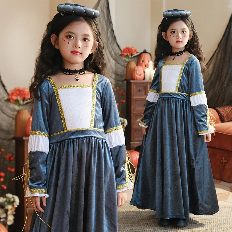 

Halloween Children's Costume Cosplay Retro Court Style Long Sleeves Medieval Renaissance Girls Stage Performance Dress